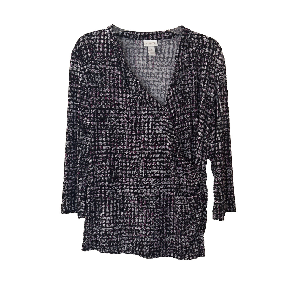 Chicos Blouse Black Purple White Faux Wrap Top 3/4 Sleeve Business Work, Size 2